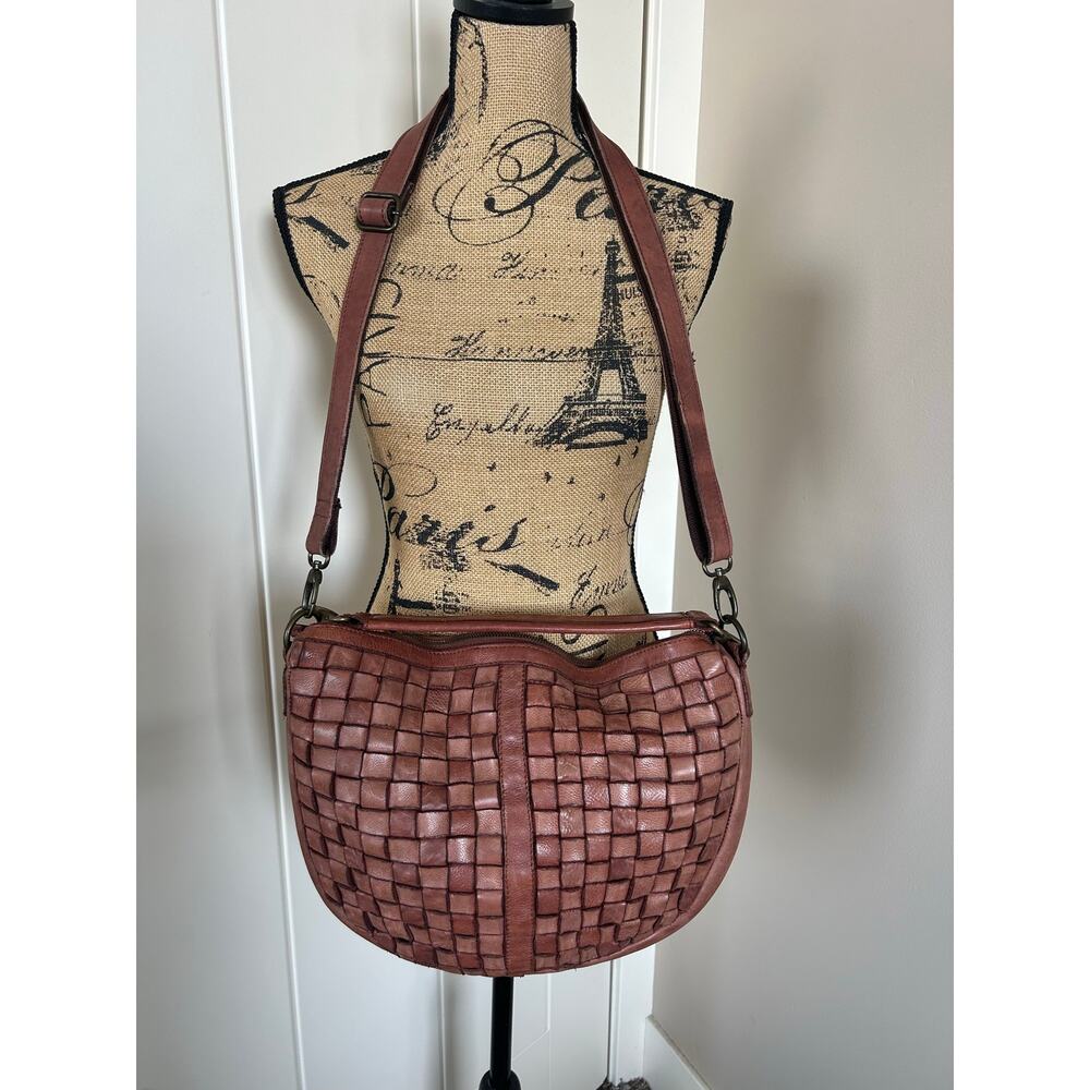 SB & CO Brown Leather Weave Design Crossbody Bag